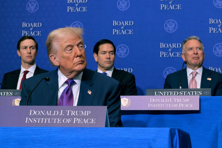 WASHINGTON, DC - FEBRUARY 19: Jared Kushner, U.S. President Donald Trump, U.S. Secretary of State Marco Rubio, and Special Envoy to the Middle East Steve Witkoff attend the inaugural meeting of the Board of Peace at the Donald J. Trump Institute of Peace on February 19, 2026 in Washington, DC. Assembled to raise money for the rebuilding and stabilization of Gaza, Trump's Board of Peace was formally established on the sidelines of World Economic Forum in January of 2026. (Photo by Chip Somodevilla/Getty Images)