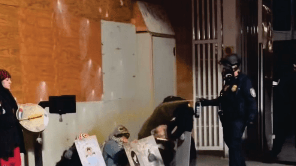 Image taken from a court filing of DHS agents' use of chemical munitions during protests in Portland. Court documents state this picture of a person being sprayed by chemical munitions while sitting down was taken on MLK Day.