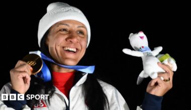Elana Meyers Taylor celebrates with gold medal at Winter Olympics in Cortina 2026