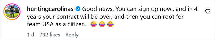 Comment on Instagram about Canadian hockey fans' bold Olympic bet backfiring after USA wins gold, showing playful reaction.