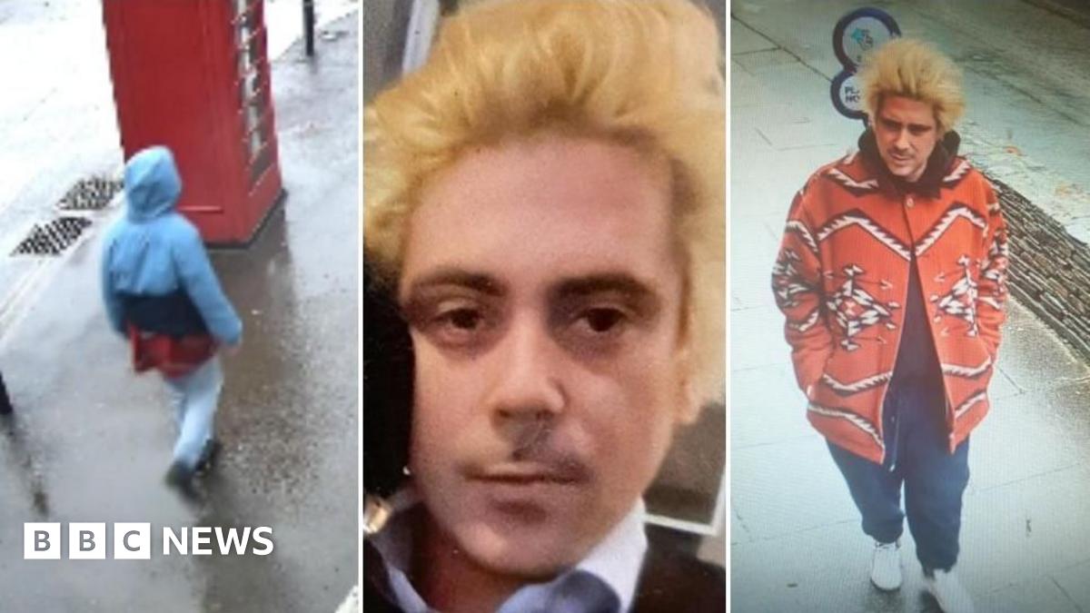 Three photos, the first of a man from the back walking with a blue hood up. The second photo is a close up of Key's face, he has blond hair. The third is him walking with a red patterned jacket on and blond hair.