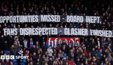 Crystal Palace fans holding banners during their win over Wolves which call the club's board "inept" and say that manager Oliver Glasner is "finished"