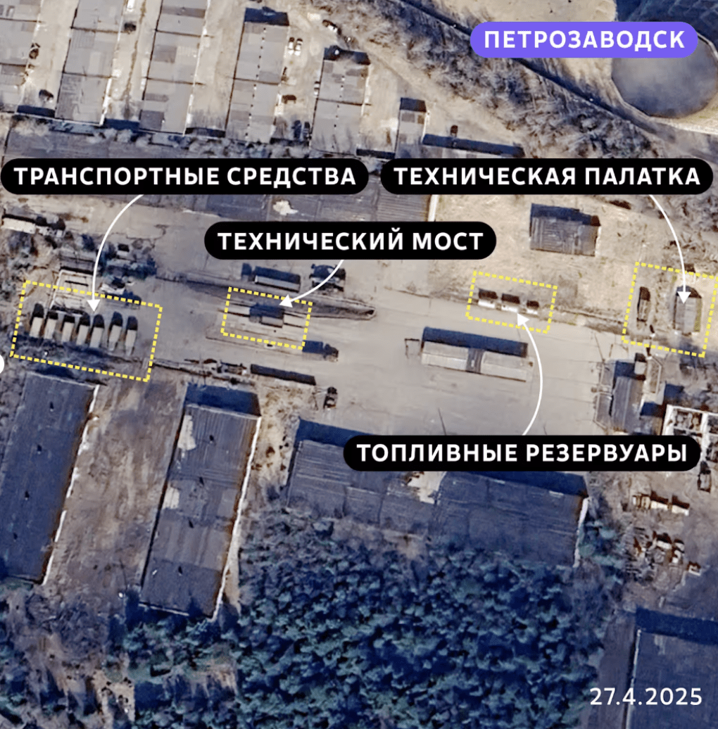 Military site in Petrozavodsk showing fuel tanks, vehicles, a technical bridge, and tents—marking reactivation of the former base. (Photo: Juha Rissanen / Yle)