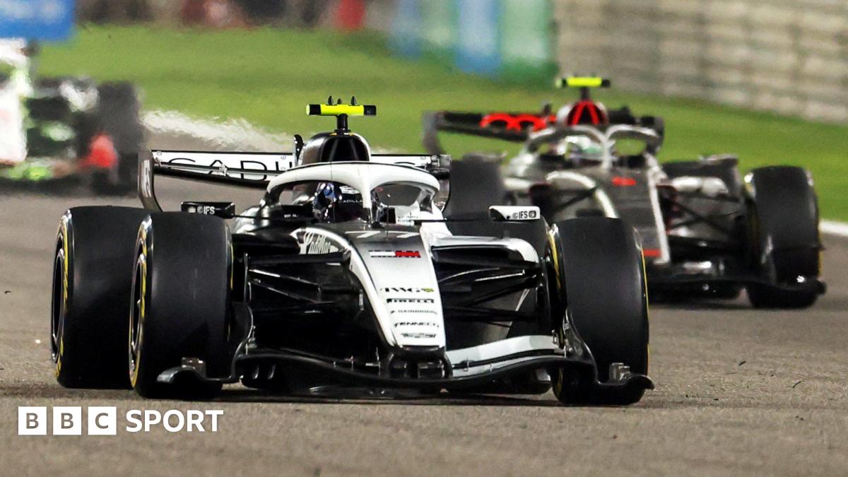 Valtteri Bottas in a Cadillac ahead of Gabriel Bortoleto in an Audi during F1 pre-season testing in Bahrain