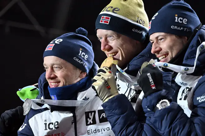 Biathlon: World Championship, Sprint 10 km, men. Tarjei Boe (l), Johannes Tingnes Boe (m) and Sturla Holm Lagreid (r) from Norway hold their medals