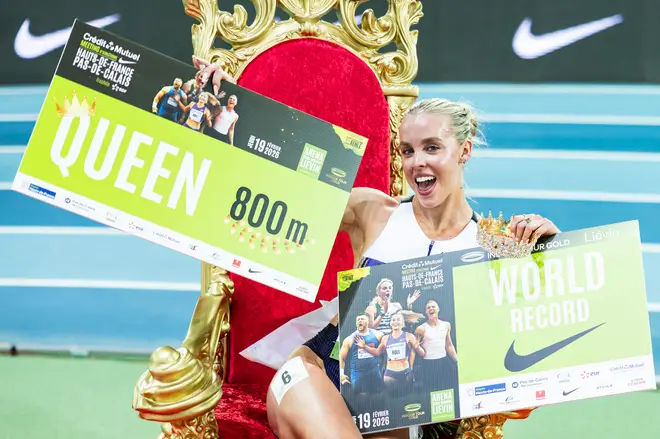 Britain's Keely Hodgkinson celebrates after breaking the world record in the 800m women's final