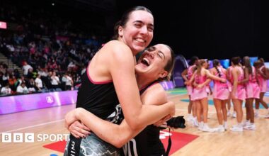 Nat Panagarry of Loughborough Lightning celebrates with team-mate Alice Harvey