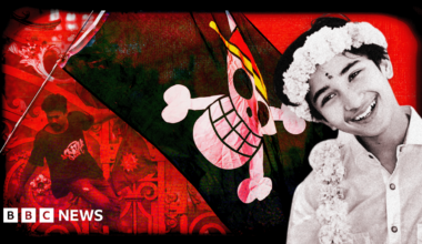A digitally edited collage featuring three main elements: on the left, a person in motion wearing a black shirt with stylised white text against an ornate red background; in the centre, a large black pirate flag displaying the Straw Hat Pirates’ Jolly Roger from manga series One Piece with a skull wearing a straw hat; and on the right, a black-and-white photo of a smiling teenage boy wearing a white shirt and floral garlands. The overall colour scheme is dominated by red and black tones.