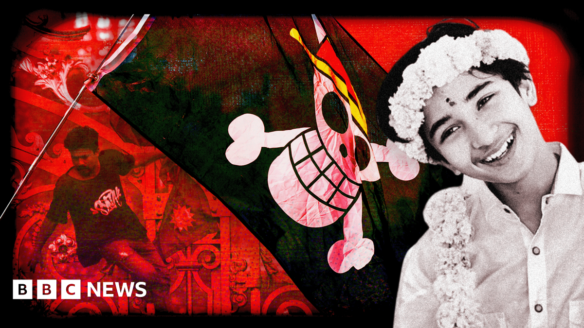 A digitally edited collage featuring three main elements: on the left, a person in motion wearing a black shirt with stylised white text against an ornate red background; in the centre, a large black pirate flag displaying the Straw Hat Pirates’ Jolly Roger from manga series One Piece with a skull wearing a straw hat; and on the right, a black-and-white photo of a smiling teenage boy wearing a white shirt and floral garlands. The overall colour scheme is dominated by red and black tones.