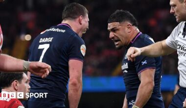 Sione Tuipulotu and Rory Darge of Scotland celebrates after George Turner of Scotland pushes the ball over to score a try