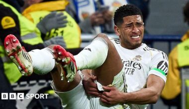 Jude Bellingham of Real Madrid goes down with an injury during the La Liga match between Real Madrid and Rayo Vallecano