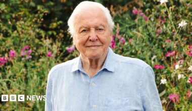 Sir David Attenborough standing in a garden with flowers in the background