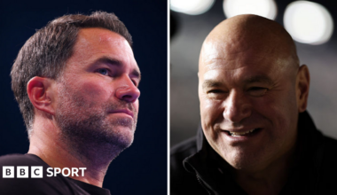 Split image of Eddie Hearn and Dana White