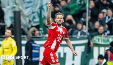 Harry Kane celebrates scoring for Bayern Munich