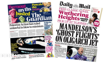 The headline on the front page of the Guardian reads: “Palestine Action ban ruled unlawful in blow to ministers”.