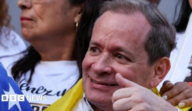 Venezuelan opposition politician Juan Pablo Guanipa gives a thumbs up after being released from the Bolivarian National Police (PNB) Mariperez detention center, February 8, 2026