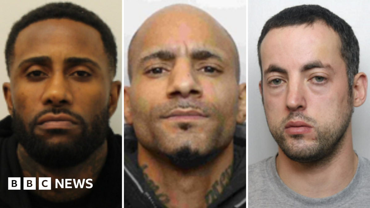 Composite shows mugshots of three men with neutral expressions. The two on the left have tattoos
