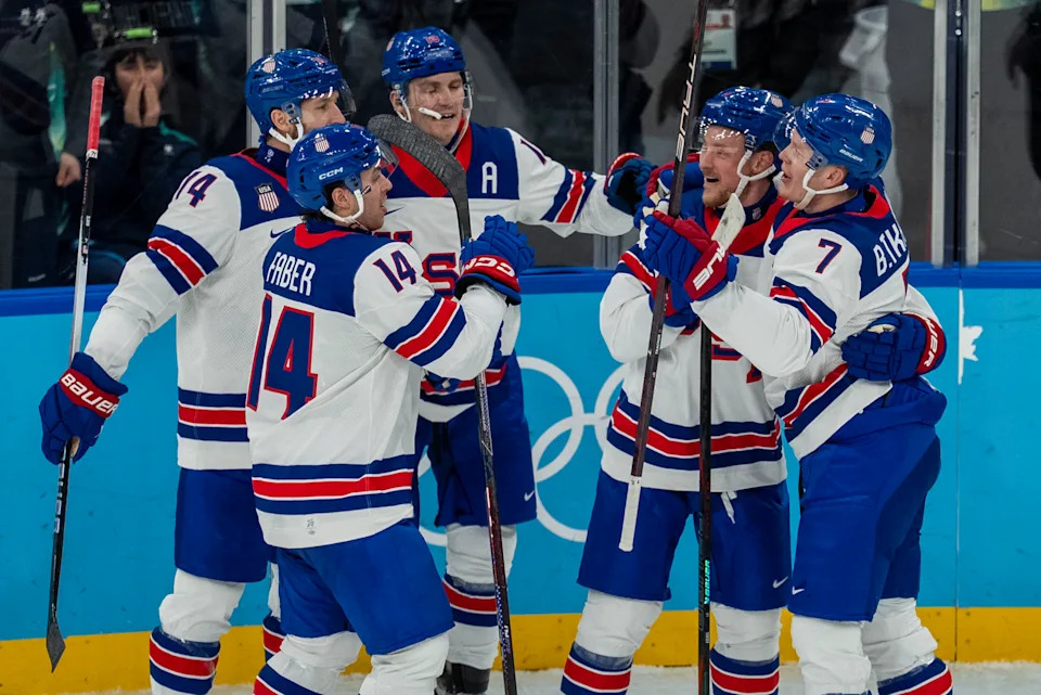 Brock Faber, Jaccob Slavin, Matthew Tkachuk and Brady Tkachuk celebrates scoring a goal during the Men's Playoffs Semi-final match between USA and Slovakia of the Milano Cortina 2026 Winter Olympic games at Milano Santagiulia Ice Hockey Arena on February 20, 2026 in Milan, Italy. (Photo by Andrzej Iwanczuk/NurPhoto via Getty Images)