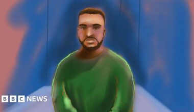 A court sketch depicts Bondi beach shooting accused Naveed Akram, wearing a green jumper and with a short beard, appearing in a Sydney court via video link