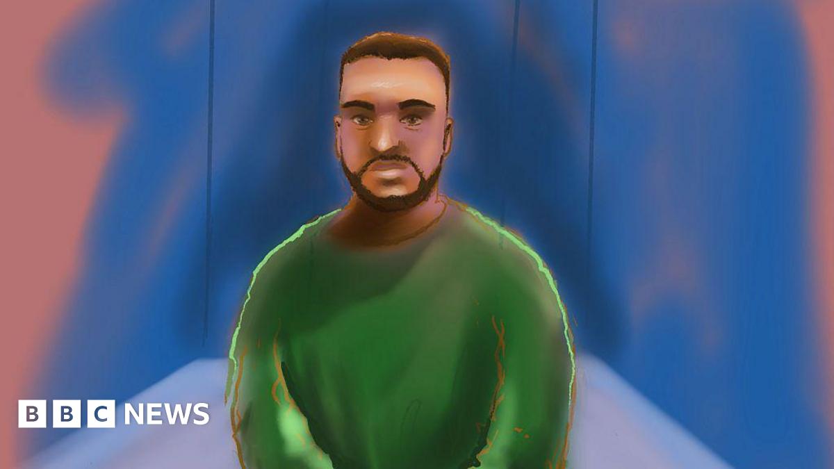 A court sketch depicts Bondi beach shooting accused Naveed Akram, wearing a green jumper and with a short beard, appearing in a Sydney court via video link