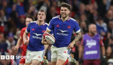 Matthieu Jalibert runs away to score France's fourth try against Wales in Cardiff