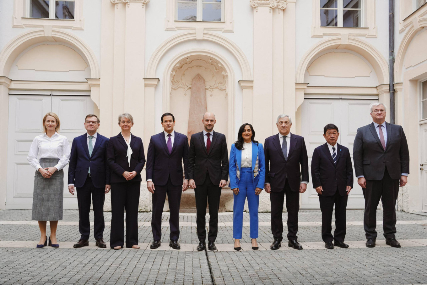 (From L) EU High Representative and Vice-President for Foreign Affairs and Security Policy Kaja Kallas, German Foreign Minister Johann Wadephul, Britain's Foreign Secretary Yvette Cooper, US Secretary of State Marco Rubio, France's Foreign Affairs Minister Jean-Noel Barrot, Canada's Foreign Minister Anita Anand, Italy's Foreign Minister Antonio Tajani, Japan's Foreign Minister Toshimitsu Motegi and Ukraine's Foreign Minister Andriy Sybiha pose in the G7 ministerial meeting on the sideline of the Munich Security Conference.