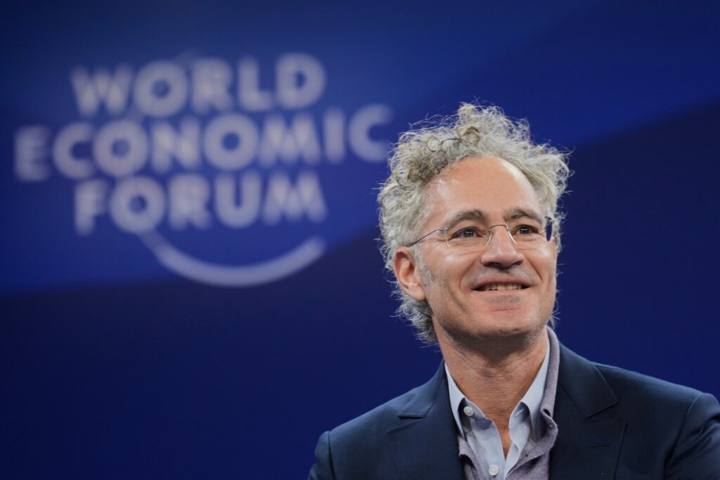 Alex Karp, CEO of Denver-based software firm Palantir Technologies speaks during the Annual Meeting of the World Economic Forum in Davos, Switzerland on Jan. 20, 2026. (AP Photo/Markus Schreiber)