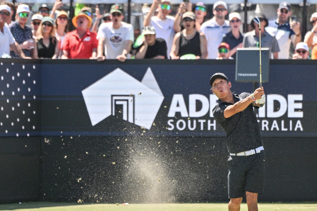 Anthony Kim hits an iron shot during the final round of his victory in the LIV Golf Adelaide tournament on Feb. 15, 2026.