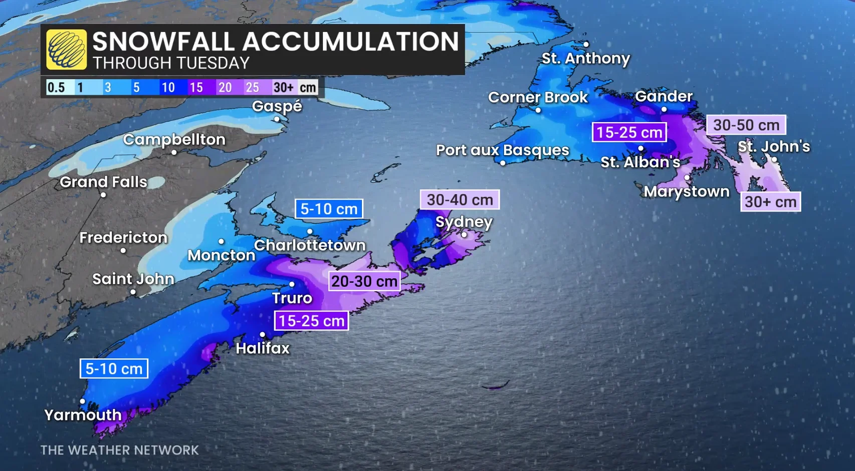 Atlantic Canada Snowfall Outlook Through Tuesday