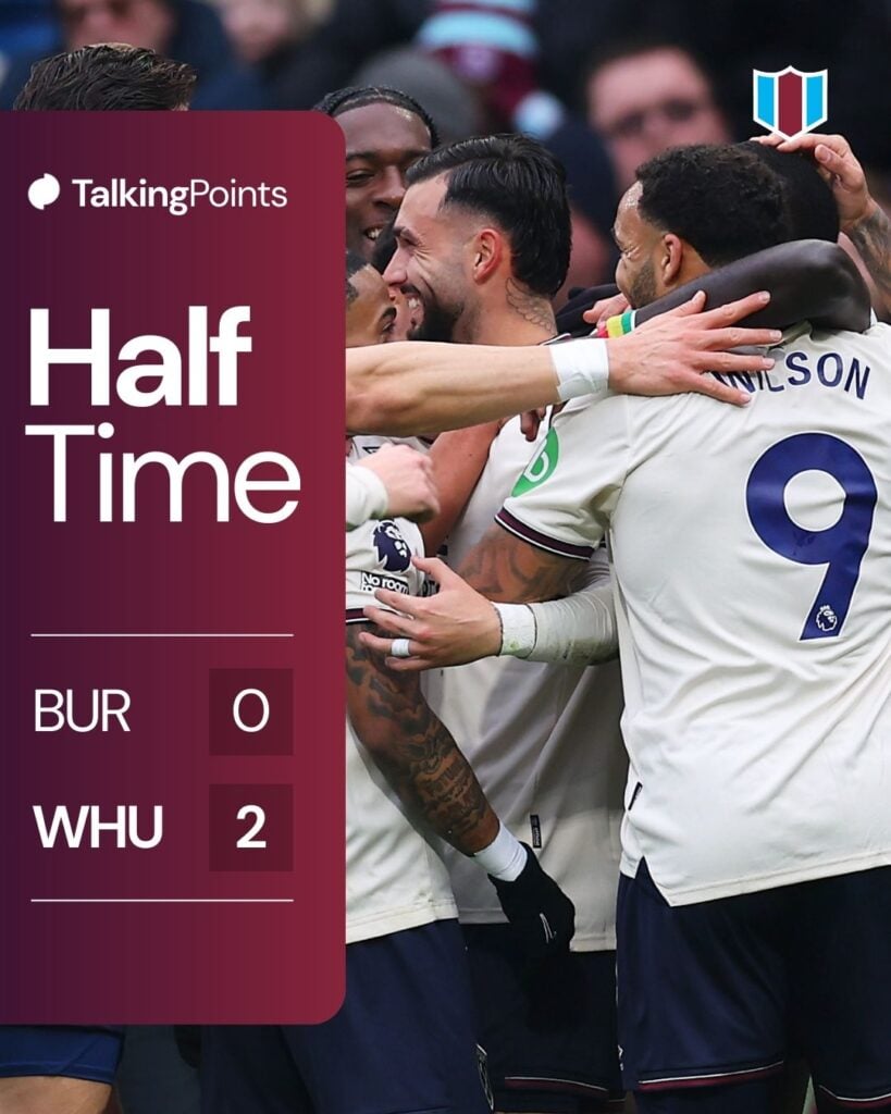Taty Castellanos of West Ham United (obscured) celebrates scoring his team's second goal with teammates during the Premier League match between Burnley and West Ham United at Turf Moor on February 07, 2026 in Burnley, England.