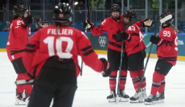 Team Canada’s Claire Thompson raises arms and stick to celebrates her goal with teammates Sophie Jaques, Sarah Fillier, Kristin O’Neill, and Daryl Watts.