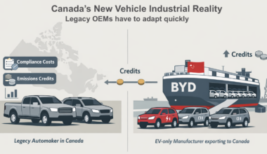 ChatGPT generated illustration showing emissions credits flowing from EV imports to legacy automakers under Canada’s vehicle emissions rules.