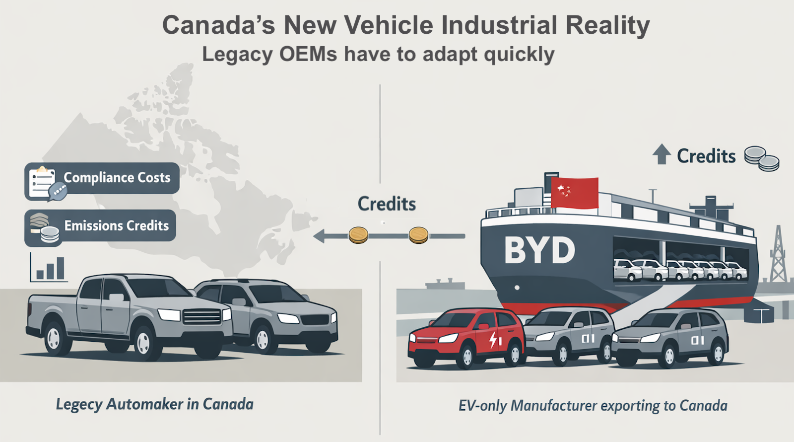 ChatGPT generated illustration showing emissions credits flowing from EV imports to legacy automakers under Canada’s vehicle emissions rules.