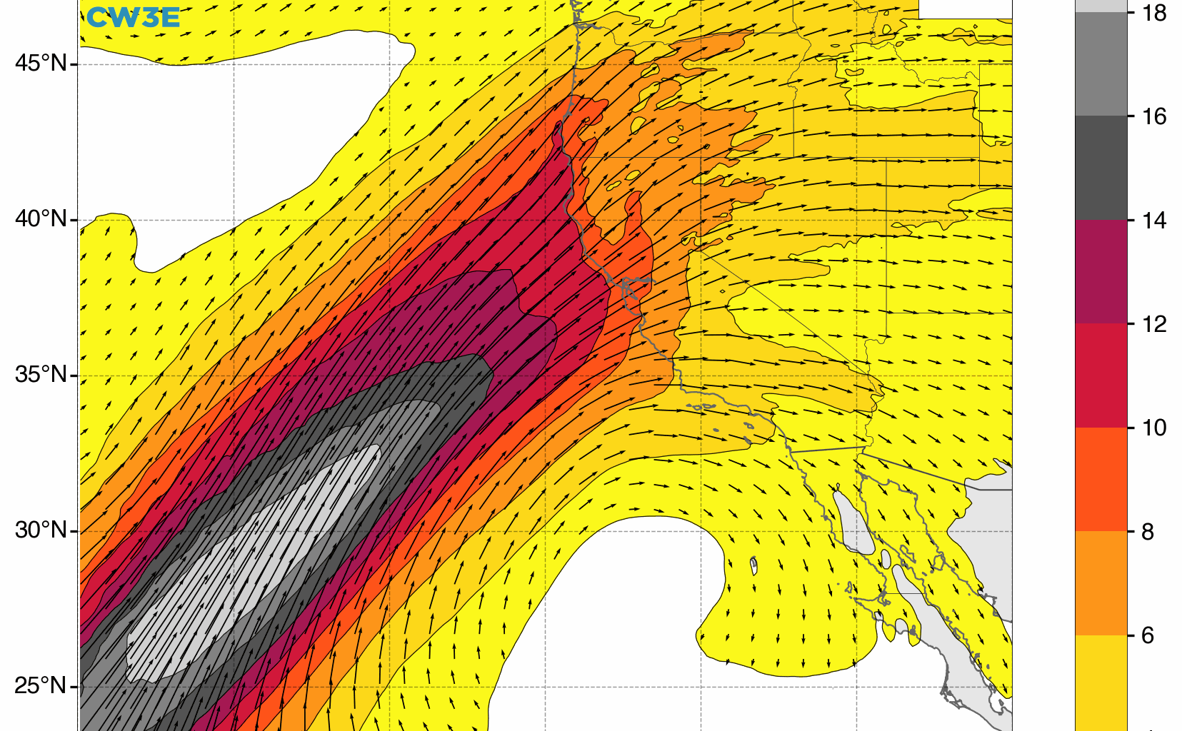 3-day accumulated integrated water vapor transport (IVT) will be extremely impressive with this atmospheric river...out over the open ocean. However, due to the lack of a strong low pressure system closer to the CA coast, this extreme water vapor transport will be greatly attenuated by the time it makes it inland, fortuitously minimizing the resultant flood risk from what otherwise could have been a major flood event in California. From Scripps/CW3E.