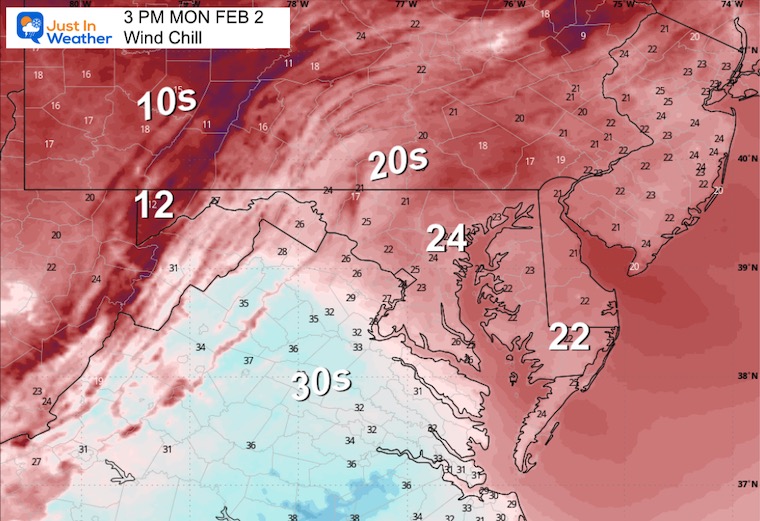 February 2 weather wind chill Monday afternoon