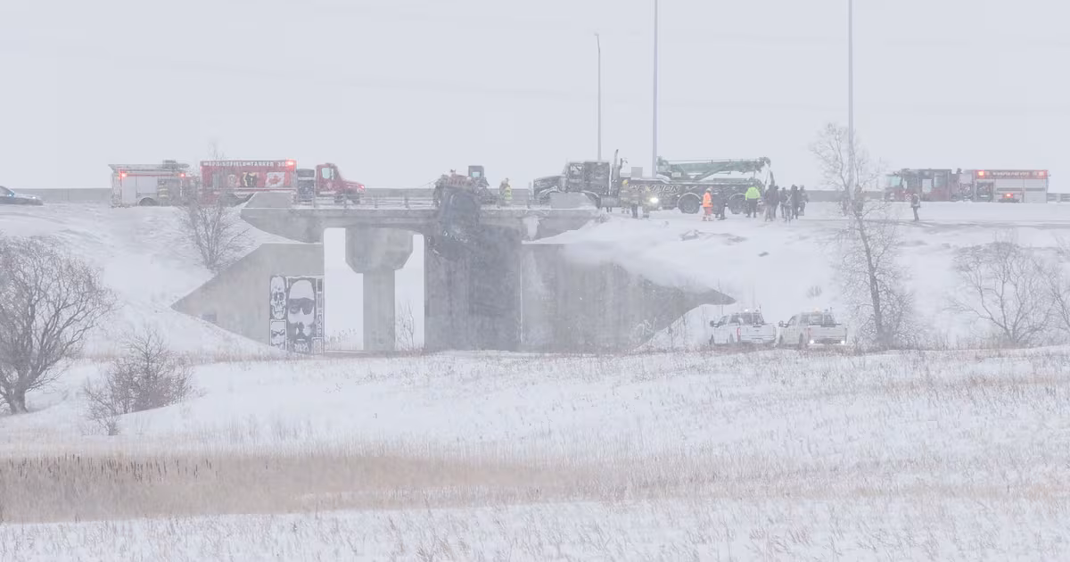 Truck crashes, hangs off edge of Winnipeg overpass Tuesday morning: police - CTV News