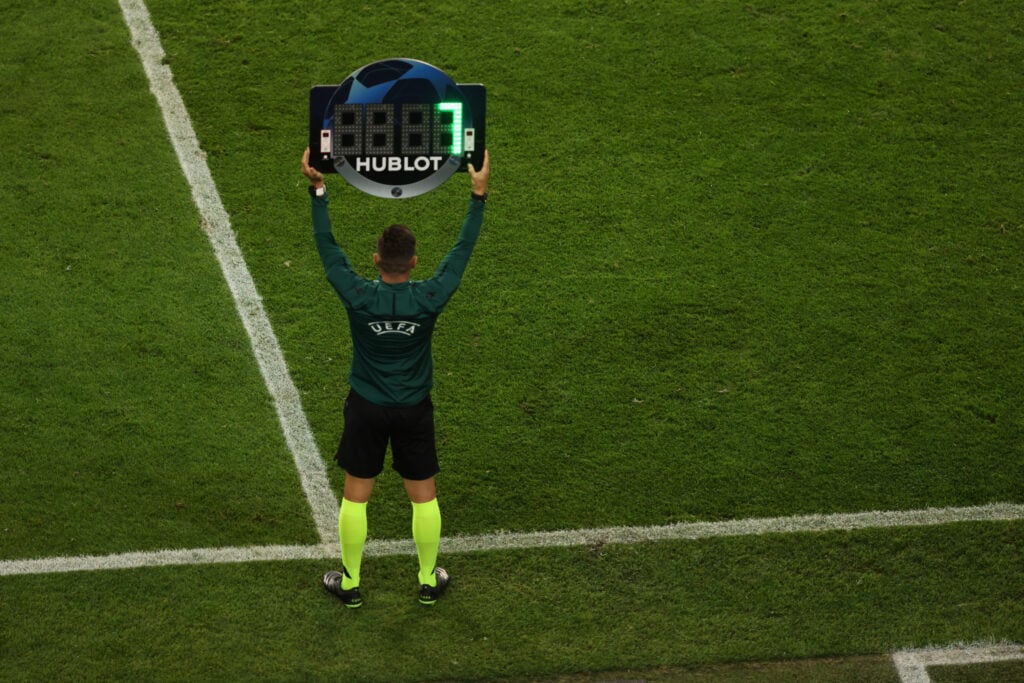 Seven minutes of added time is signalled during Manchester City v Chelsea in the UEFA Champions League.