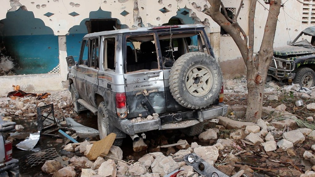 HIRAN, SOMALIA - MARCH 12: A view of destroyed buildings and vehicles after an attack by the terrorist organization called al-Shabaab on a hotel in Beledweyne city of Hirshabelle state in Hiran region on March 12, 2025. It was reported that 6 people were killed during the attack. (Photo by Abuukar Mohamed Muhidin/Anadolu via Getty Images)