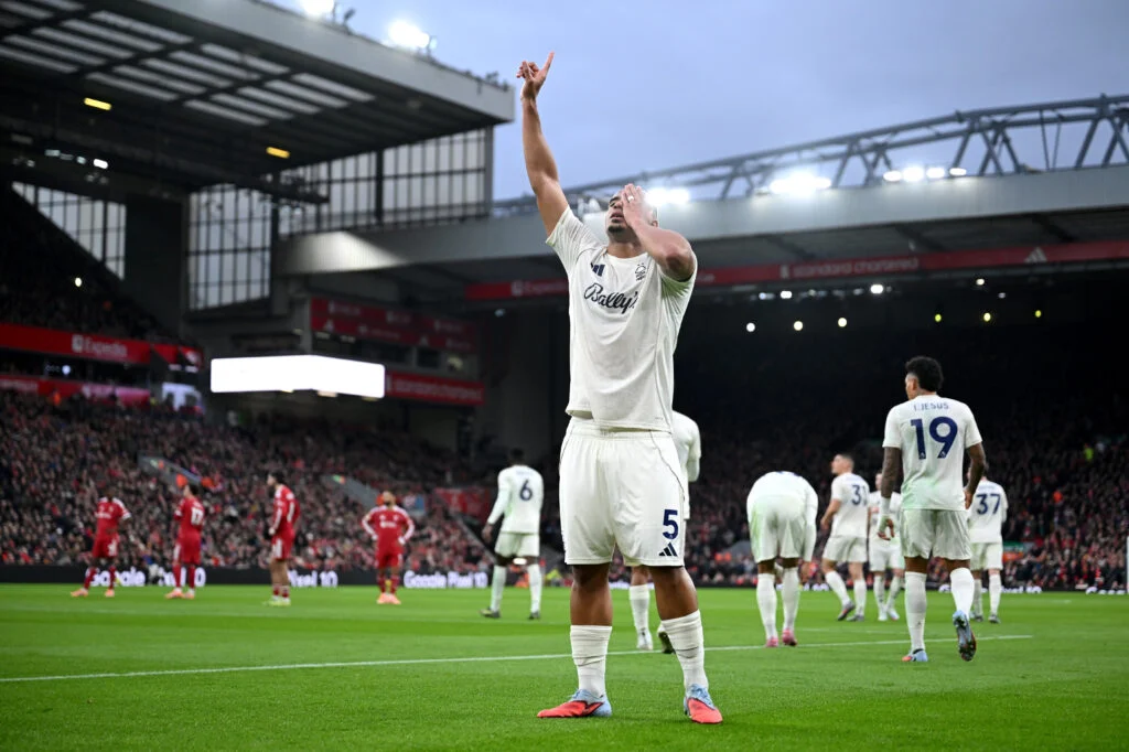 Murillo celebrates scoring for Nottingham Forest at Anfield