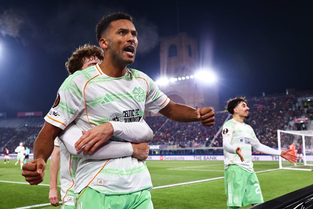 Auston Trusty of Celtic FC celebrates after scoring his team's second goal during the UEFA Europa League 2025/26 League Phase MD7 match between Bologna FC 1909 and Celtic FC