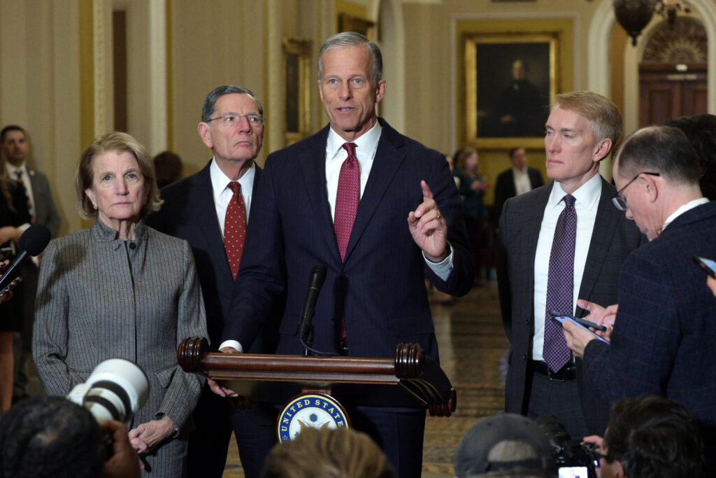 WASHINGTON, DC - JANUARY 28: U.S. Senate Majority Leader Sen. John Thune (R-SD) speaks as (L-R) Sen. Shelley Moore Capito (R-WV), Senate Majority Whip Sen. John Barrasso (R-WY), and Sen. James Lankford (R-OK) (L) listen during a news briefing after the weekly Senate Republican Policy Luncheon at the U.S. Capitol on January 28, 2026 in Washington, DC. (Photo by Alex Wong/Getty Images)