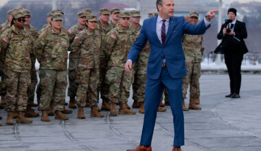 Secretary of War Pete Hegseth address a group of National Guard troops