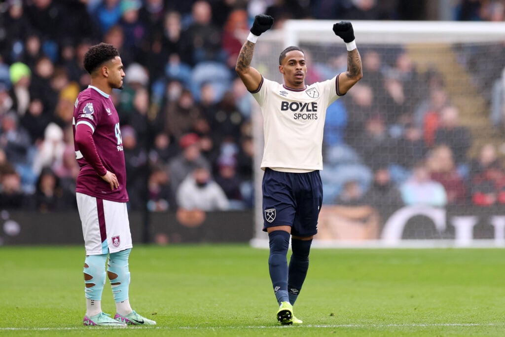 Crysencio Summerville celebrates scoring for West Ham against Burnley.