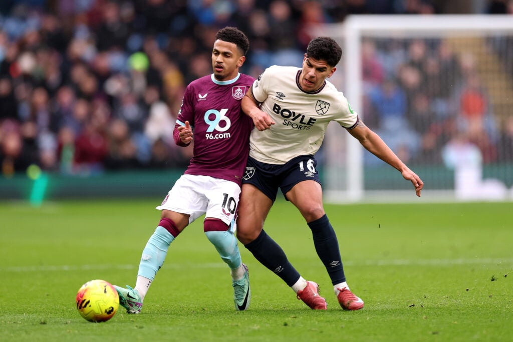 Marcus Edwards is challenged by Mateus Fernandes during Burnley v West Ham United - Premier League