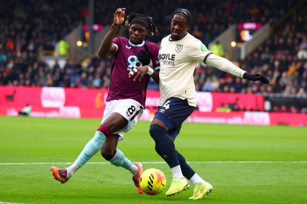 Axel Disasi playing for West Ham against Burnley.