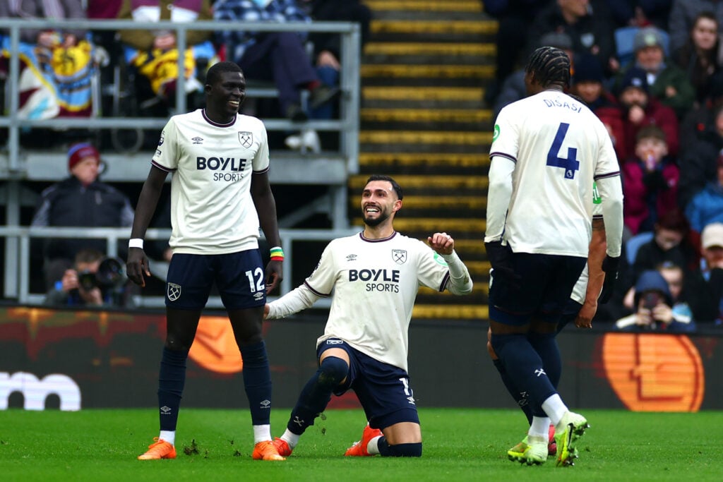 Valentin Castellanos celebrates after scoring for West Ham against Burnley.