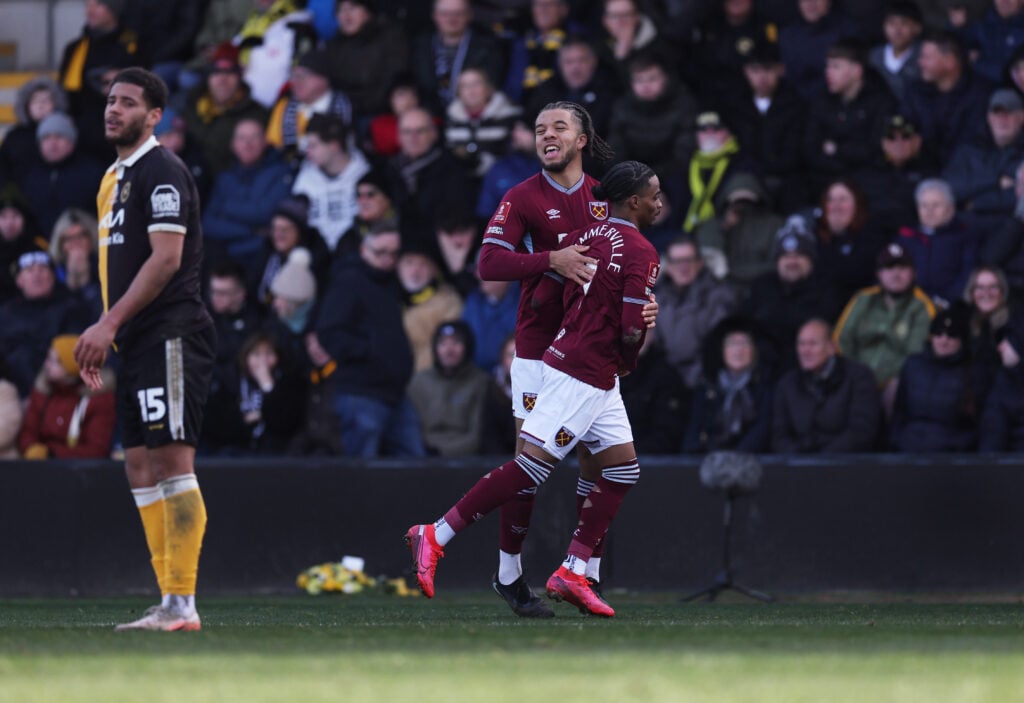 Ezra Mayers and Crysencio Summerville celebrate during Burton Albion v West Ham United - Emirates FA Cup Fourth Round
