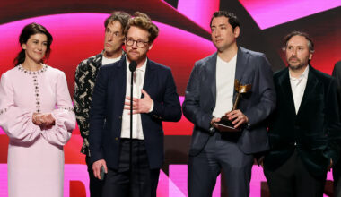 Marissa McMahon, Will Janowitz, Clint Bentley, Michael Heimler, and Teddy Schwarzman accept the best feature award for “Train Dreams” at the 2026 Film Independent Spirit Awards at Hollywood Palladium on Sunday.