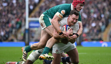 Fraser Dingwall scores during England v Ireland in the Guinness Men's Six Nations