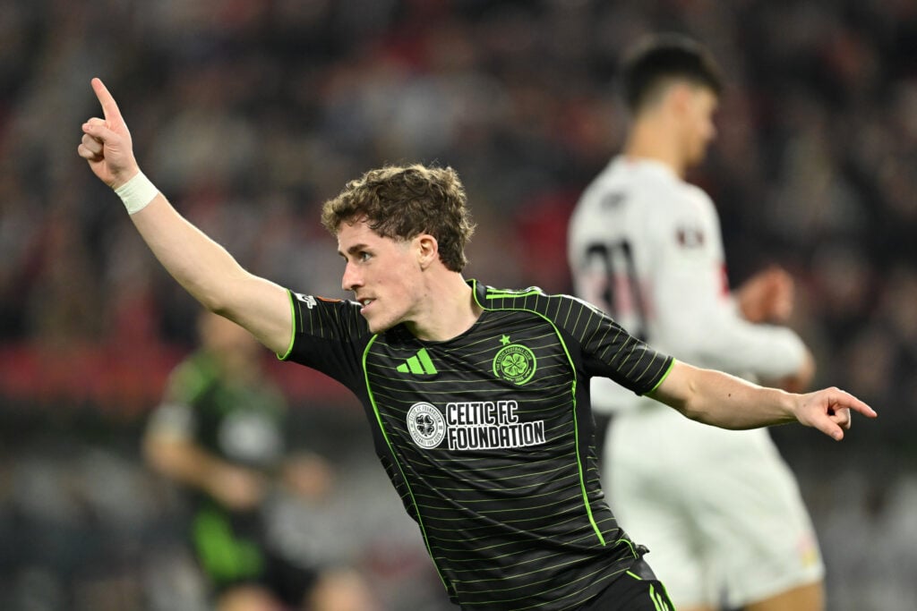 Luke McCowan of Celtic celebrates scoring his team's first goal the UEFA Europa League 2025/26 Knockout Play-off Second Leg match between VfB Stuttgart and Celtic FC